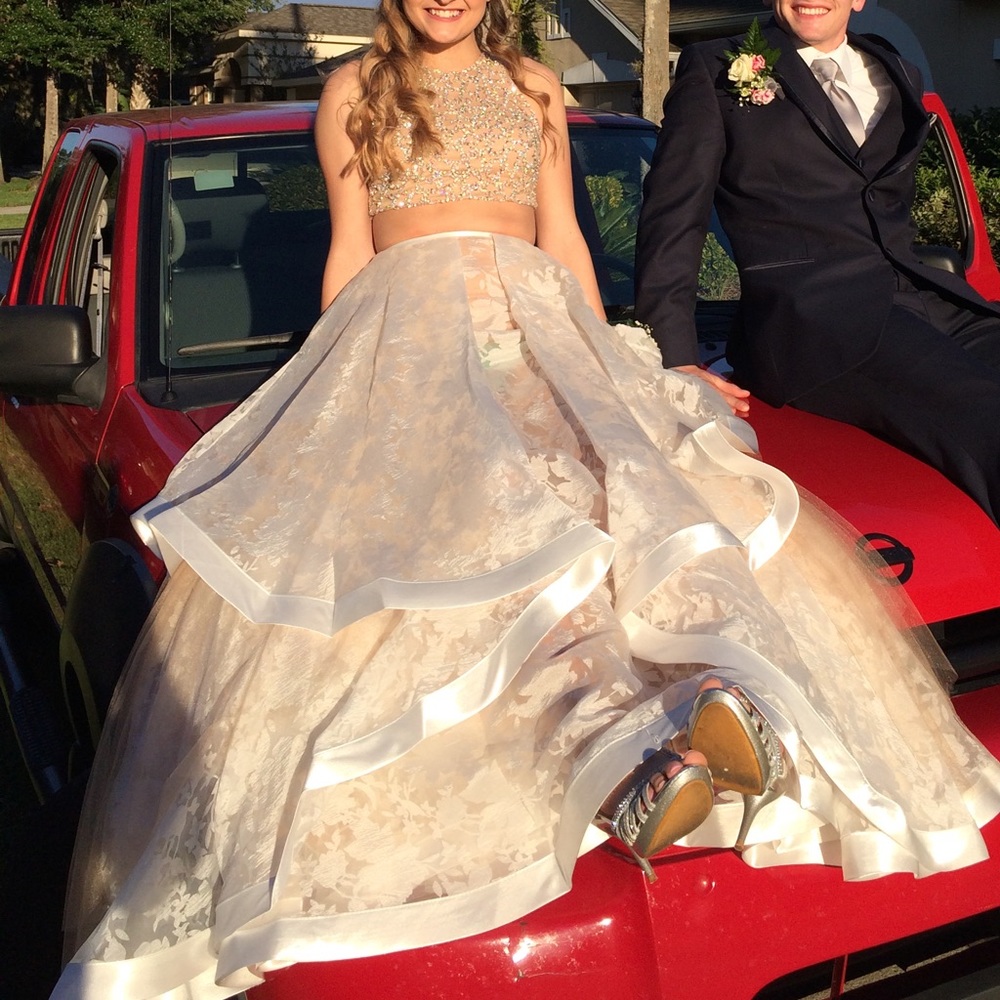 Two Piece Beaded Prom Crop Top and Illusion Skirt - Picture 1 of 8
